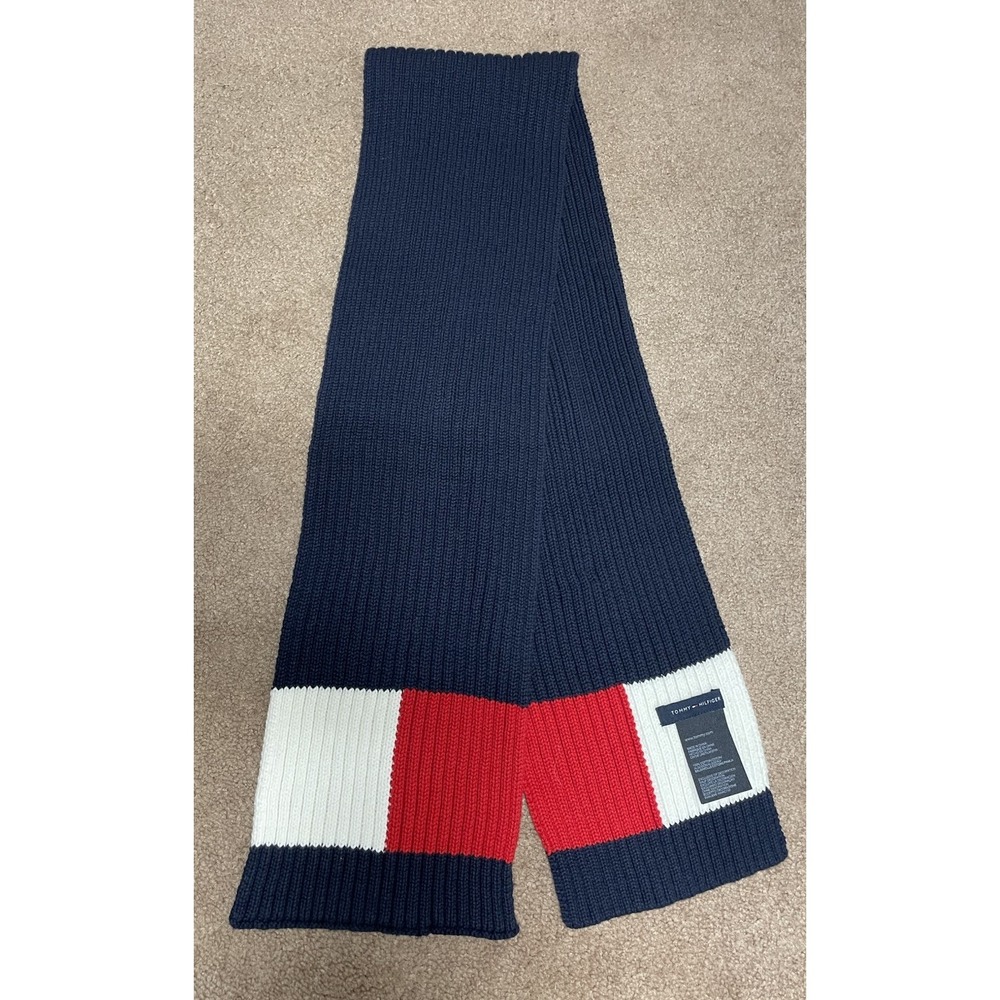 Tommy‎ Hilfiger Flag Logo Ribbed-Knit Scarf Navy 100% Cotton Preppy
